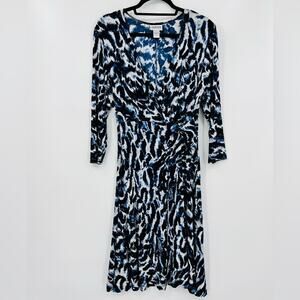 Chico’s Travelers Printed Faux Wrap Midi Dress 3/4 Sleeve V Neck Blue Medium